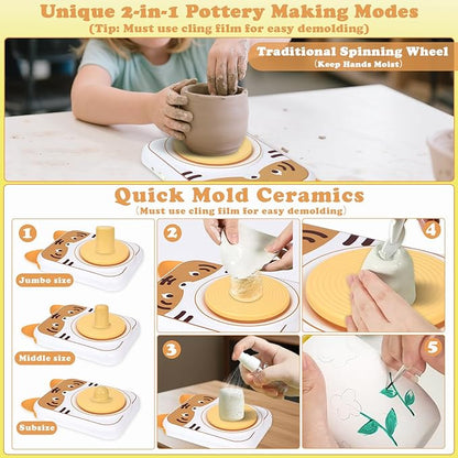 Pottery Wheel for Kids, Art Supplies Arts & Crafts Kit, Crafts Toys for Girls 6+, Pottery Studio Craft Kit with 4 Pack Air-Dry Clay,Girls Toys Birthday Christmas Gift for Kids Ages 6 7 8 9 10 11 12+