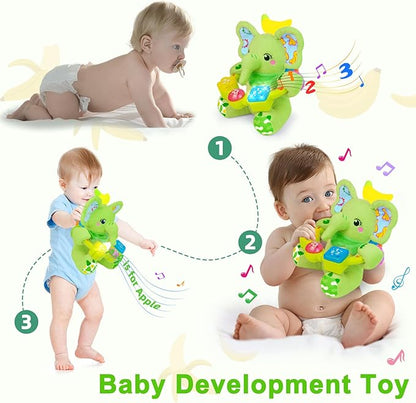 Holaxander Baby Elephant Musical Stuffed Animals Toy with Light-Up Music & Crinkle Sound Paper,Infant Bilingual Early Learning Education Toys,Tummy Time Toys for 0-3-6-12+ Months Boy Girl, Green
