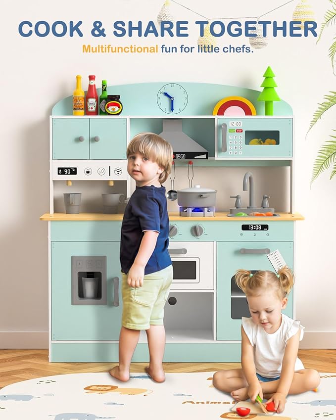 Babytronic Wooden Play Kitchen Set, Pretend Play Kitchen with Lights and Sounds for Kids Ages 3+, Includes Stove, Oven, Microwave, Coffee Maker, and Accessories, Toy Kitchen Set for Toddlers (Blue)