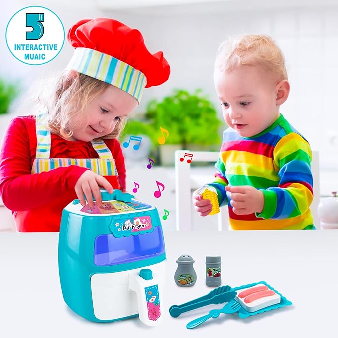 Toy Air Fryer, Play Kitchen Appliances with Music and Light, Pretend Play Food Set for Toddlers, Kids, Kitchen Playset Music & Color Changing Foods, Gift for Boys and Girls 2 3 4 5 Years Old