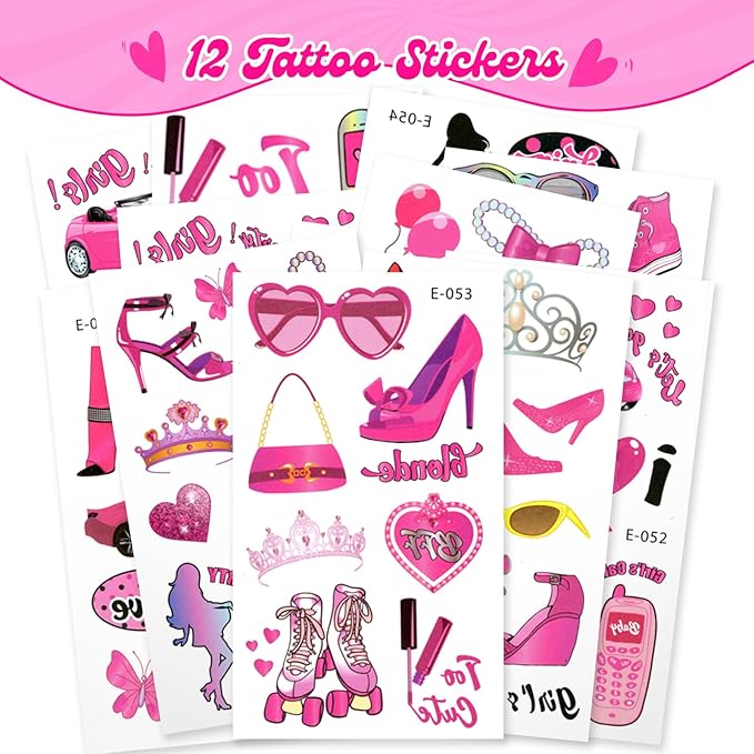 110 Pink Party Favors Princess Birthday Supplies Straw Bubble Silicone Bracelet Keychain Tattoo Sticker Girl Kid Toy Gift Goodie Bag Stuffer Filler Makeup Party Decorations