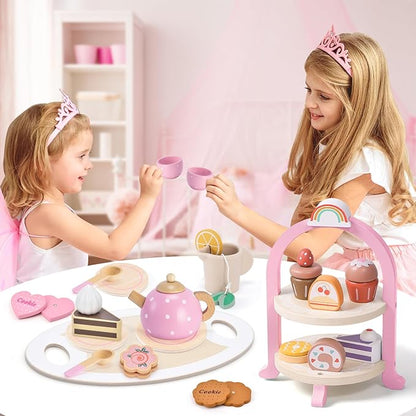 Atoylink Wooden Tea Party Set for Little Girls Toys Kids Play Kitchen Toddler Tea Set with Play Food & Cupcake Stand Pretend Play Wooden Toys for 2 3 4 5 6 Year Old Girl Christmas Birthday Gift, Pink