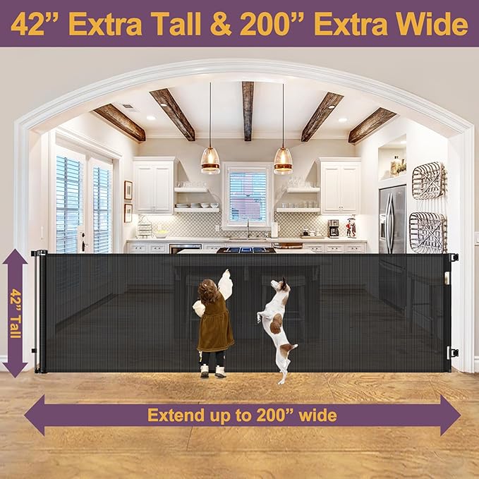 42" Tall X 200" Extra Wide Retractable Baby Gates, Extra Tall Pet Gate for Dogs, Extra Long Dog Gate for Large Openings Tall Mesh gate Child Safety Gate Outdoor Retractable Gate for Decks, Black