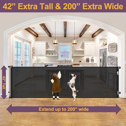 42" Tall X 200" Extra Wide Retractable Baby Gates, Extra Tall Pet Gate for Dogs, Extra Long Dog Gate for Large Openings Tall Mesh gate Child Safety Gate Outdoor Retractable Gate for Decks, Black