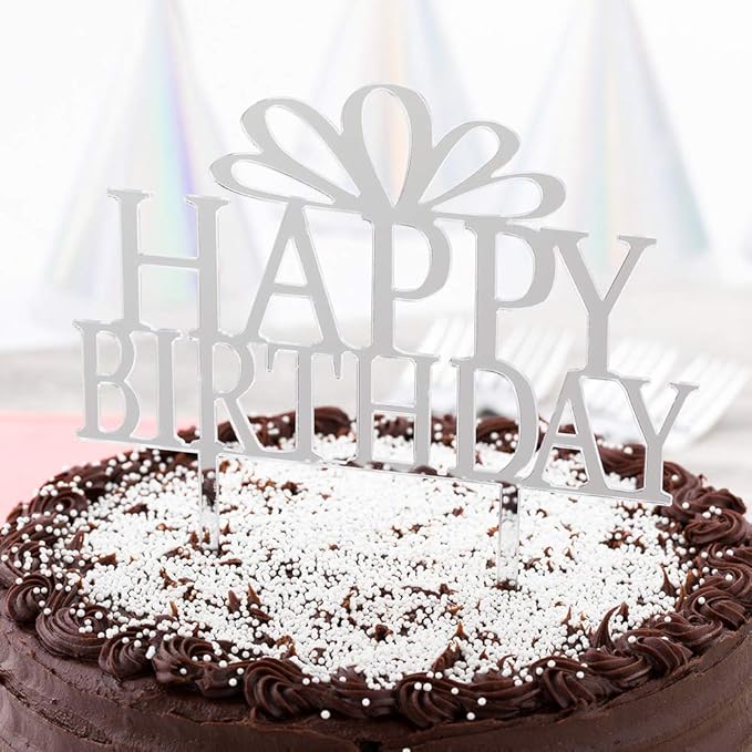 Restaurantware Top Cake 6 x 5.8 Inch Happy Birthday Cake Topper 1 Mirrored Birthday Cake Decoration - With Bow Durable Silver Acrylic Birthday Topper For Dessert And Party Decorations