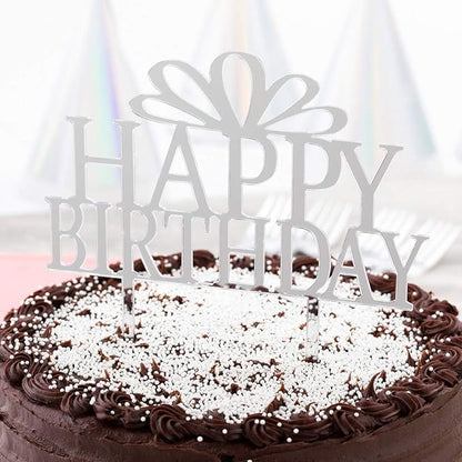 Restaurantware Top Cake 6 x 5.8 Inch Happy Birthday Cake Topper 1 Mirrored Birthday Cake Decoration - With Bow Durable Silver Acrylic Birthday Topper For Dessert And Party Decorations