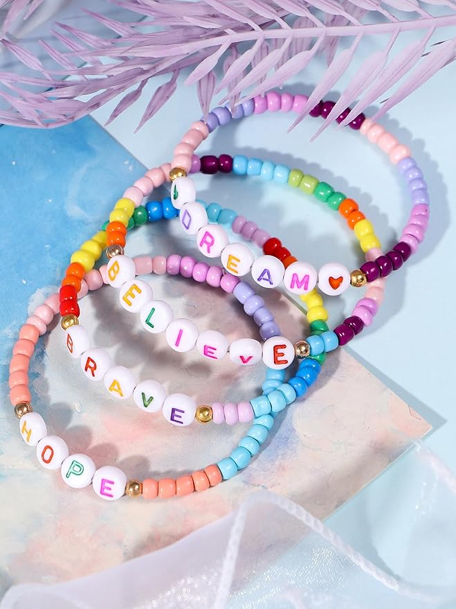 Lorfancy 24Pcs Beaded Bracelets for Girls Kids Toddler Jewelry Letter Beads Bracelet Bulk Rainbow Friendship Bracelets Colorful Princess Party Favors for Little Girls Ages 3 4 5 6 Years Old