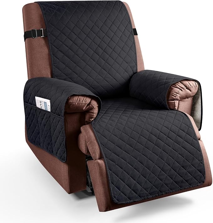 KinCam 100% Waterproof Recliner Chair Cover, Reclining Couch Covers for Pets, Dogs, Recliner Couch Slipcover Furniture Protector with Elastic Straps for Kids(23.6", Black)