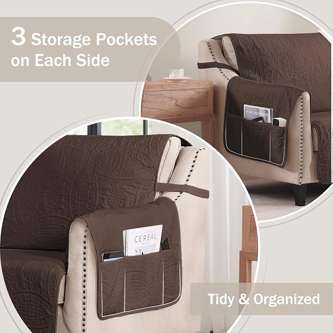 Quilted Sofa Slipcovers with Pockets, Medallion Designed Anti-Slip Couch Covers for 3 Cushion Sofa, Couch Cover for Dogs Cats Water-Repellent Machine Washable (Large Sofa 68", Chocolate)