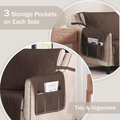 Quilted Sofa Slipcovers with Pockets, Medallion Designed Anti-Slip Couch Covers for 3 Cushion Sofa, Couch Cover for Dogs Cats Water-Repellent Machine Washable (Large Sofa 68", Chocolate)
