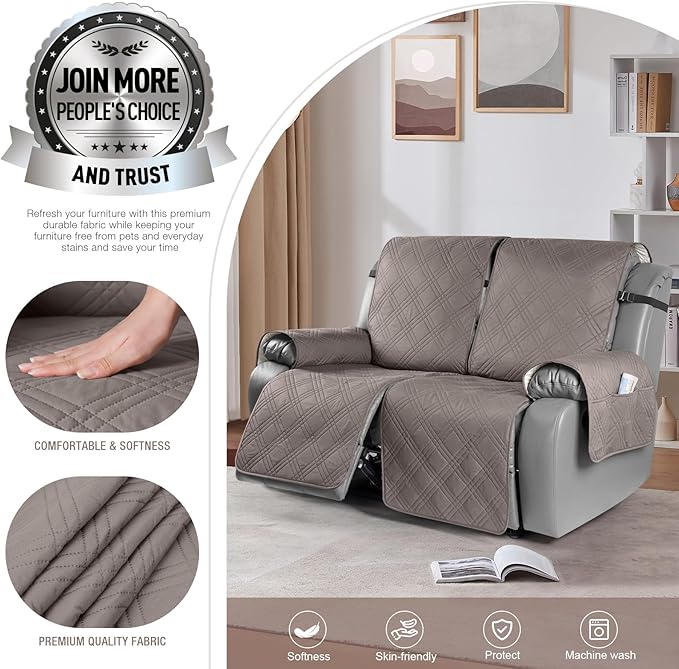 TAOCOCO 100% Waterproof Oversized Loveseat Recliner Cover, Non Slip Split Loveseat Covers for Reclining Loveseat with Elastic Straps for Kids Pets(Oversized 2 Seater, Light Browm)
