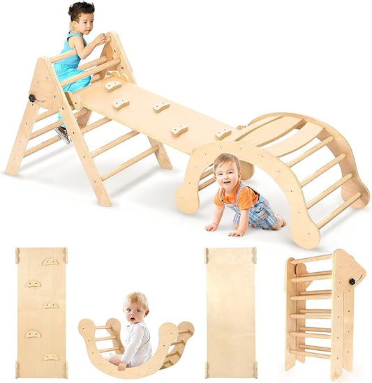 YOLEO 7-in-1 Pikler Triangle Set, Large Wooden Climbing Toys for Toddlers 1-3 Inside, Montessori Fun Toddler Climbing Toys Indoor Playground and Jungle Gyms Playset,Easy-Fold Pikler Triangle (Natural)