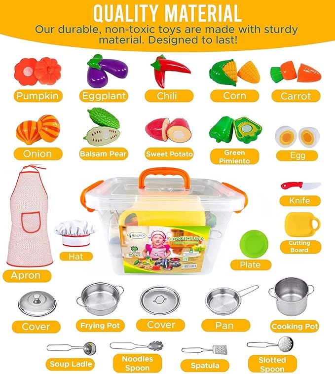 FUNERICA Toddler Kitchen Accessories Playset with Cutting Food Vegetables and Stainless-Steel Play Pots - Pretend Kids Cooking Utensils - Apron & Chef Hat - Toy Knife & Cutting Board for Girls & Boys
