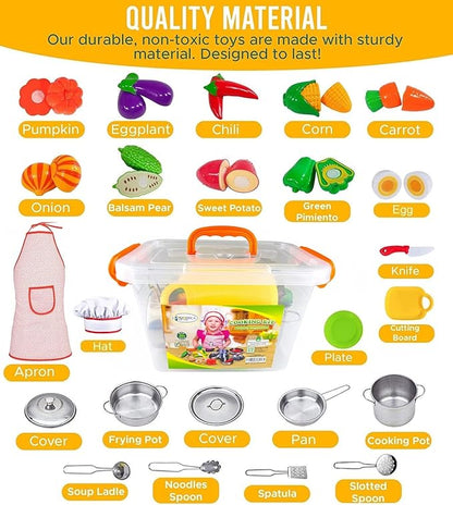 FUNERICA Toddler Kitchen Accessories Playset with Cutting Food Vegetables and Stainless-Steel Play Pots - Pretend Kids Cooking Utensils - Apron & Chef Hat - Toy Knife & Cutting Board for Girls & Boys