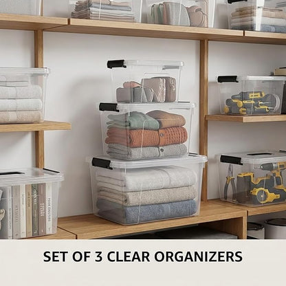 Clear Storage Latch Box/Bin, 3-Pack Plastic Organizing Container with Handle and Lids (7QT/16QT/22QT)