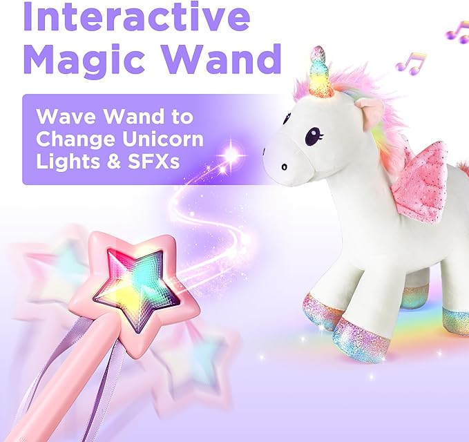 iPlay, iLearn Plush Magic Unicorn Toy W/Remote Control Fairy Magical Wand, Girl Music Unicorn Stuffed Animal W/LED Light Sound, Interactive Birthday Gift 18 24 Month Baby Toddler 2 3 4 5 6 7 Year Kid