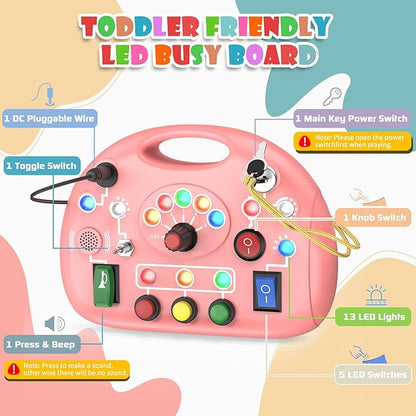 Montessori Busy Board with LED Light for Toddlers 2-4 Year Old, Sensory Toys with Sounds & Switches, Car Driving Travel Toys for Kids, Preschool Busy Book Boy and Girls Birthday Gifts (Pink)