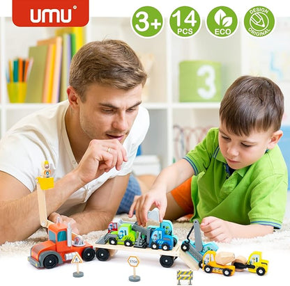 UMU Construction Toy Cars 14 PCS Wooden Kids Mini Vehicles for Toddlers, Compatible to Thomas Train Toys Railway and Major Brands, Best for 3 to 5 Year Old Boys and Girls