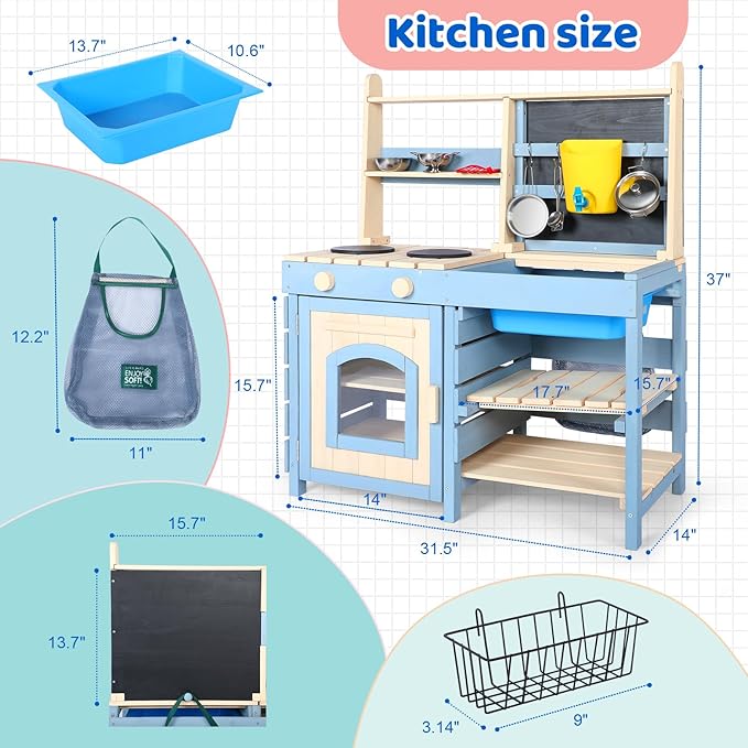 2 in 1 Wooden Mud Kitchen, Outdoor Play Kitchen with Removable Sink,Water Box & Faucet,Stove Top, Storage Bags& Metal Basket,Kitchen & Grocery Store Backyard Outdoor Pretend Kitchen for Kids