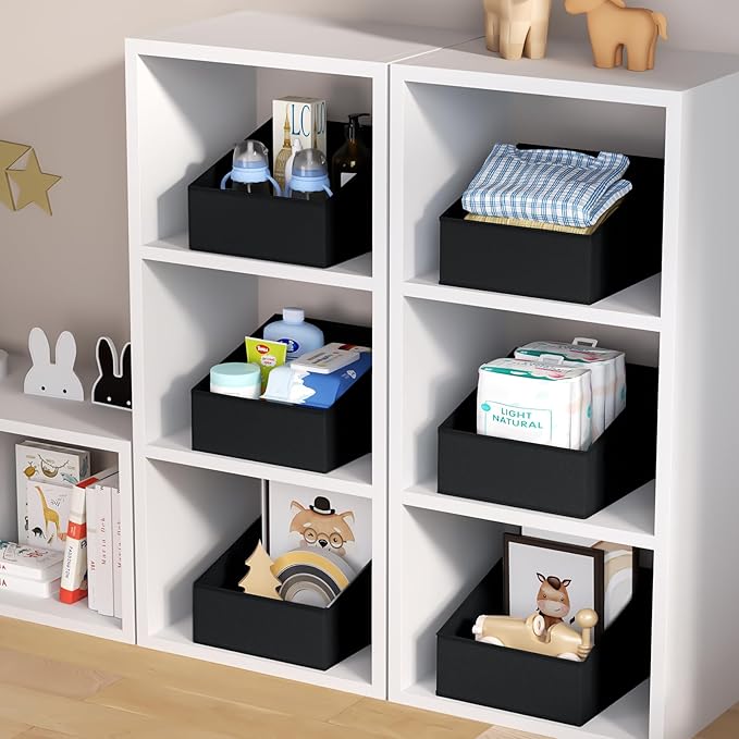 DIMJ Trapezoid Storage Bins for closet shelves, Closet Organzier Bins with Handle, Foldable Closet Storage Bins Basket, Closet Organizers and Storage for Toys, Books, 6 Packs, Black