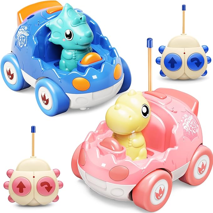 2 Pack Pink Dinosaur Remote Control Car Toys, Easter Present Birthday Gifts for Boys Girls 2 3 4 Years Old, Dino RC Car with Music and Light, Toddlers Toys for Kids 2-4 Year Old,(Pink Blue)