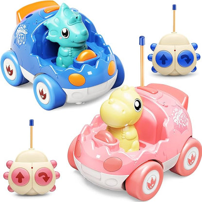 2 Pack Pink Dinosaur Remote Control Car Toys, Easter Present Birthday Gifts for Boys Girls 2 3 4 Years Old, Dino RC Car with Music and Light, Toddlers Toys for Kids 2-4 Year Old,(Pink Blue)