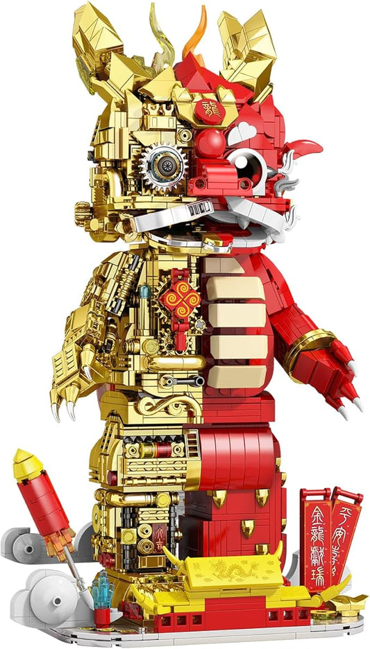 Suitable for Ages 15+ Small Particles (1962 Pieces) Semi Mechanical Chinese Loong Building Block Toys Compatible with Lego Comes with a Transparent Display Box and Building Block Tool Set