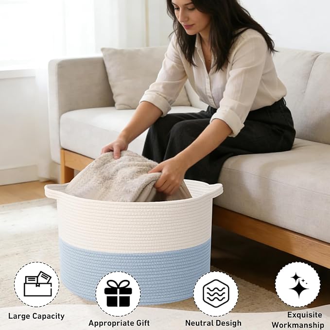 65L Extra Large Woven Cotton Rope Blanket Basket with Handles, Laundry Hamper Storage Bin for Pillows, Comforters,Clothes, Toys, Nursery, Bedroom and Living Room Organization,White&Blue