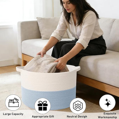 65L Extra Large Woven Cotton Rope Blanket Basket with Handles, Laundry Hamper Storage Bin for Pillows, Comforters,Clothes, Toys, Nursery, Bedroom and Living Room Organization,White&Blue