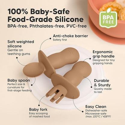 KeaBabies 4-Pack Silicone Baby Spoons and Forks Set - Baby Spoon Self Feeding, BLW Baby Utensils 6-12 Months, Baby Led Weaning Feeding Spoon,Teething Infant Baby First Food Training Pre Spoon (Desert)