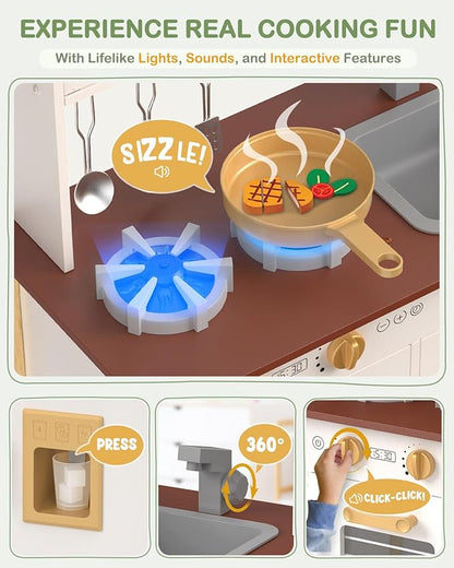 Babytronic Kids Play Kitchen, Wooden Kitchen Playset for Kids Ages 3+ with Real Lights, Sounds, Stove, Sink, Oven, and 30 Pcs Accessories, Toys Kitchen Small Pretend Play Kitchen for Toddlers (White)