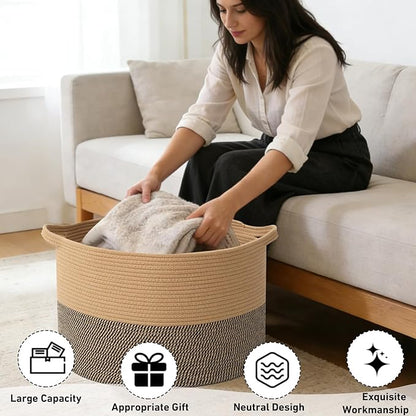 115L Large Blanket Basket,23.6" L x 23.6" W x 15.7" H Rope Woven Baskets with Handles, Toys Storage Bins,Laundry Basket Perfect for Living Room, Nursery,Bedroom,Home Organization,Jute&Black