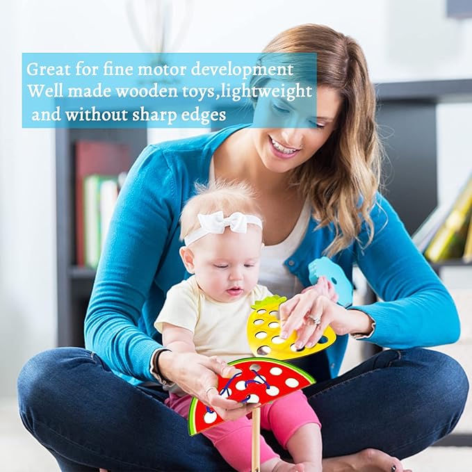 4 Pack Wooden Lacing Toy,Educational Threading Activity Puzzles,Learning Fine Motor Skill Travel Toy,Wooden Fruit Threading Set for Toddlers Kids 3 4 5 Year 1 Apple,1 Watermelon,1 Pineapple,1 Pear