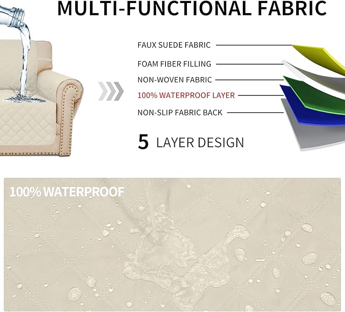 Easy-Going Sofa Slipcover Waterproof Sofa Cover Couch Cover for 4 Cushion Couch with Elastic Straps Washable Non-Slip Furniture Protector Cover for Pets, Dogs, Cat (XX-Large, Ivory)