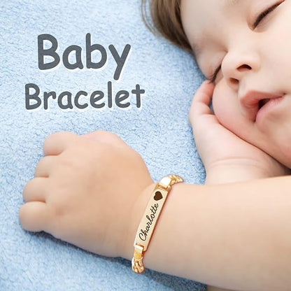 PUREFLY - Personalized Baby Name Bracelets with Birthstone, 18k Gold Plated, Adjustable Length, Double-Sided Customisable, with Gift Wrap