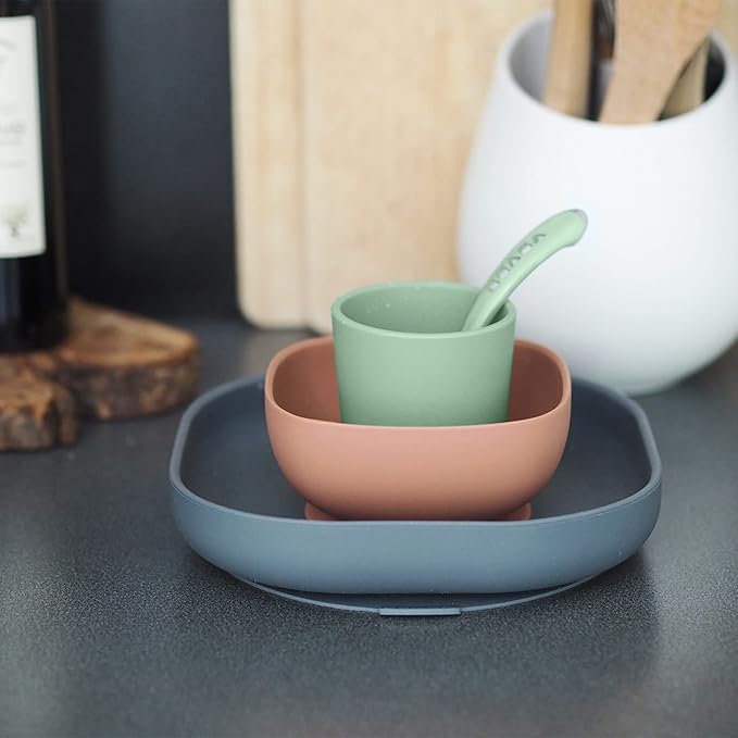 BEABA 100% Silicone 4 Piece Baby Feeding Set, Suction Plates for Baby, Includes Plate, Bowl, Cup, 2nd Stage Silicone Spoon, High Grade Food Safe Silicone, Mineral