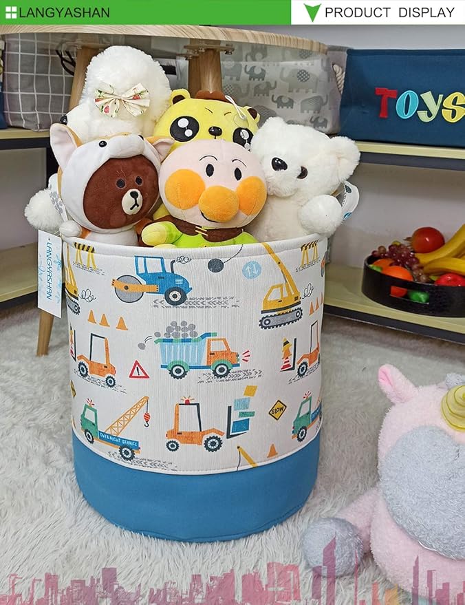LANGYASHAN Laundry Basket Cotton Collapsible Organizer Storage Basket for Boys girls Laundry Hamper Toy Bins Gift Baskets Bedroom Clothes Children Nursery(Engineering Car)