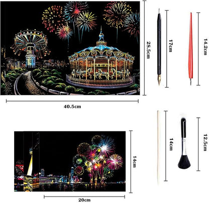 Georgie Porgy Scratch Paper Art A3 Set DIY Arts and Crafts Kits for Kids Adults, Magic Rainbow Scratch Postcard for Christmas Birthday Gift with Scratching Tools Kit (Amusement Park+ Dream Castle)