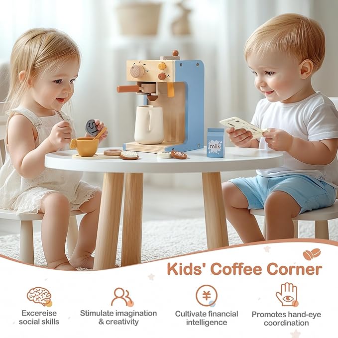 EERKEOD Toy Coffee Maker for Kids Wooden Kids Coffee Maker Playset for Toddlers Play Kitchen Accessories Gift for Girls and Boys