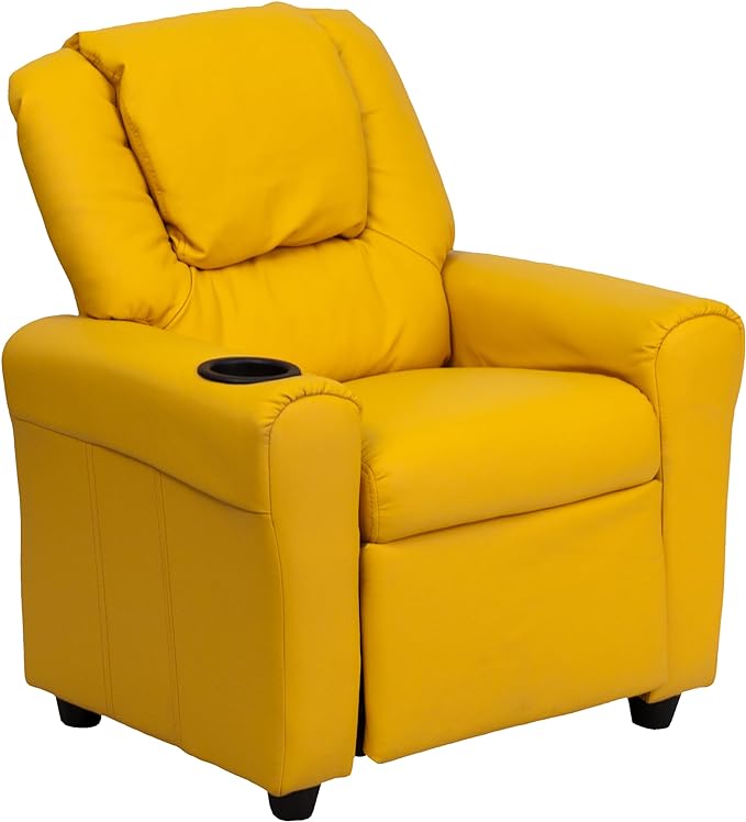 Flash Furniture Vana Vinyl Kids Recliner with Cup Holder, Headrest, and Safety Recline, Contemporary Reclining Chair for Kids, Supports up to 90 lbs., Yellow