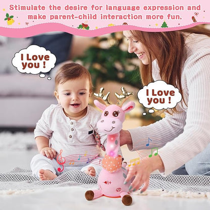 Dancing Talking Giraffe with Golden Antlers Toy, Stuffed Animal Baby Toy Repeating What You Say, Glowing Musical Electronic Giraffe with Golden Anlters Easter Gifts for Toddlers 1-3 Years Old (pink)