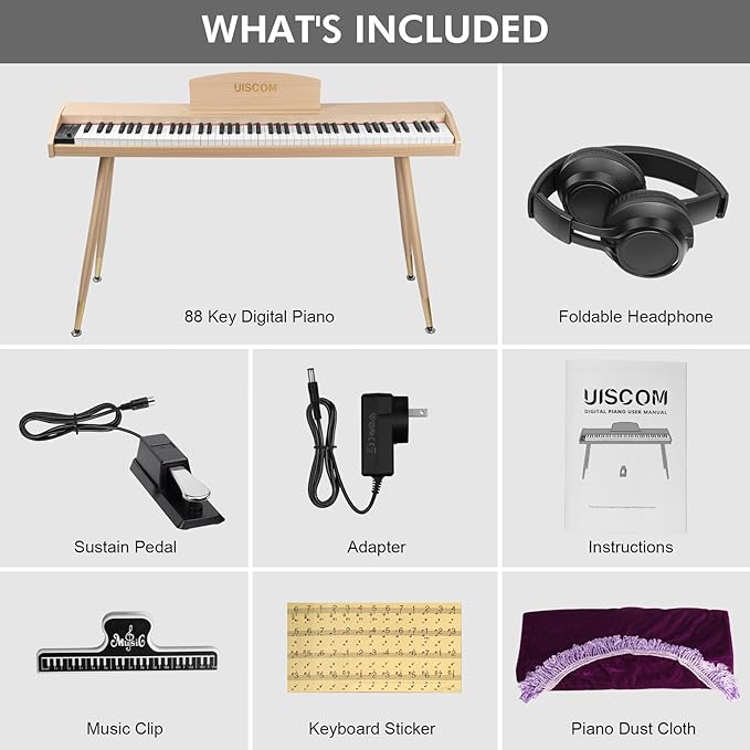UISCOM Digital Piano Keyboard for Beginners, Full Size 88 Key Semi-Weighted Keyboard Electric Piano with Stand,Power Adapter,Sheet Music Stand,Pedal,Headphone,USB-MIDI Compatible,Wood Grain Apricot