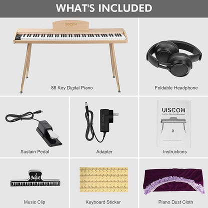 UISCOM Digital Piano Keyboard for Beginners, Full Size 88 Key Semi-Weighted Keyboard Electric Piano with Stand,Power Adapter,Sheet Music Stand,Pedal,Headphone,USB-MIDI Compatible,Wood Grain Apricot