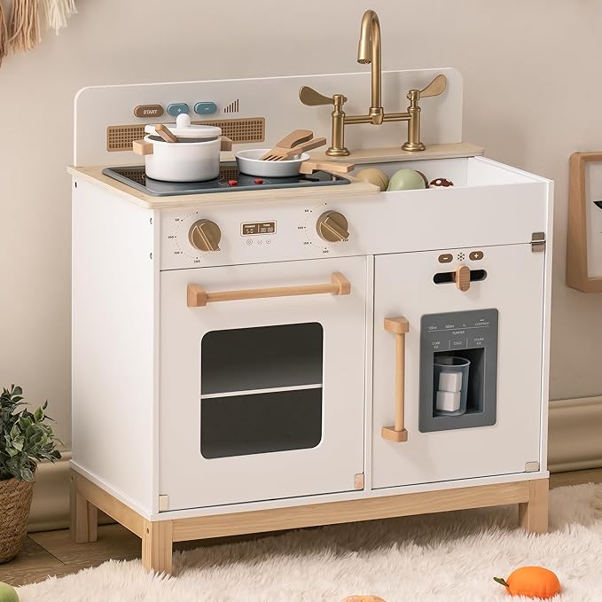 ROBOTIME Play Kitchen for Toddlers, Wooden Kids Play Kitchen Playset with Real Lights & Sounds/Ice Cube Dispenser, Pretend Play Toy Kitchen, Gift for Ages 3+ (White)