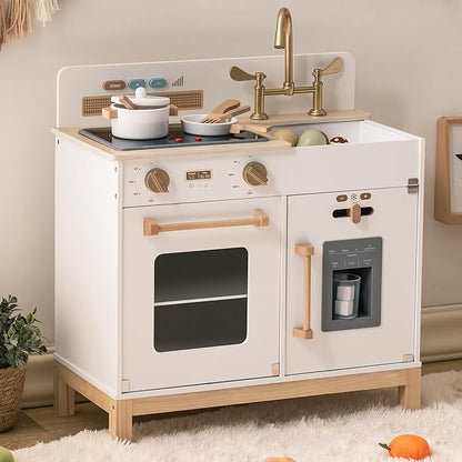 ROBOTIME Play Kitchen for Toddlers, Wooden Kids Play Kitchen Playset with Real Lights & Sounds/Ice Cube Dispenser, Pretend Play Toy Kitchen, Gift for Ages 3+ (White)