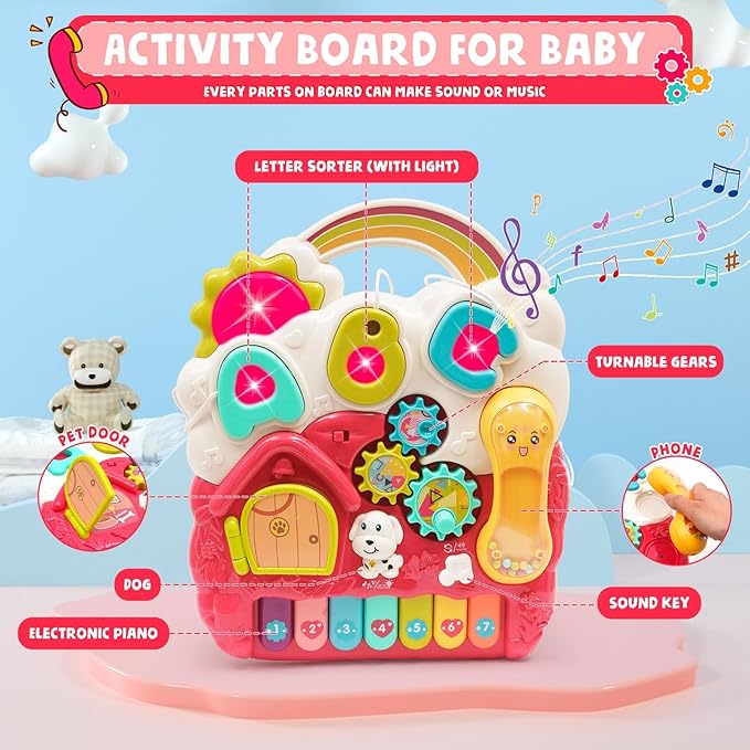 Sit-to-Stand Learning Walker 3 in1 Baby Walker Early Education Activity with Weight Gain Design Sounds Music Phone Multifunctional Removable Play Panel Educational Push Toy Gift for Boys Girls（Pink）
