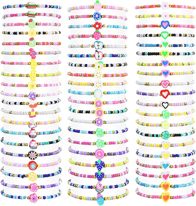 60 pcs Colorful Kids Friendship Bracelet Sets, Stackable Elastic Cute Beaded Bracelets Princess Pretend Play Bracelet Preppy Bracelets Bulk Set for Women Gift