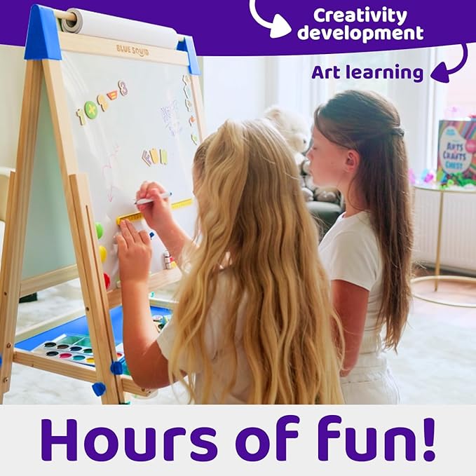 Blue Squid Art Easel for Kids - Dual-Sided Adjustable Wooden Painting Easels, Ideal Christmas Gift for Toddlers and Kid - with Magnetic Chalk Board, White Board & Paper Roll, Includes Accessories