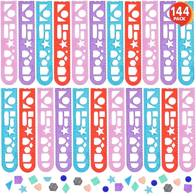 ArtCreativity Shape Tracing Rulers for Kids, Set of 144, Plastic Tracer Drawing Tools, Fun Color Assortment, Stationery Birthday Party Favors, Back to School Gifts, and Classroom Teacher Rewards