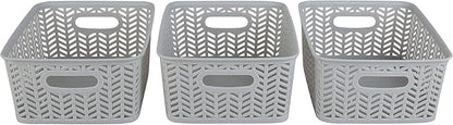 Simplify 3 Pack Small Herringbone Storage Basket | Dimensions: 10"x8"x4" | 2 Open Handles | Lightweight | Grey | Herringbone Design | Home Organization